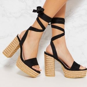Pretty Little Thing Black Double Platform Espadrille Leg Tie Sandal Size 38